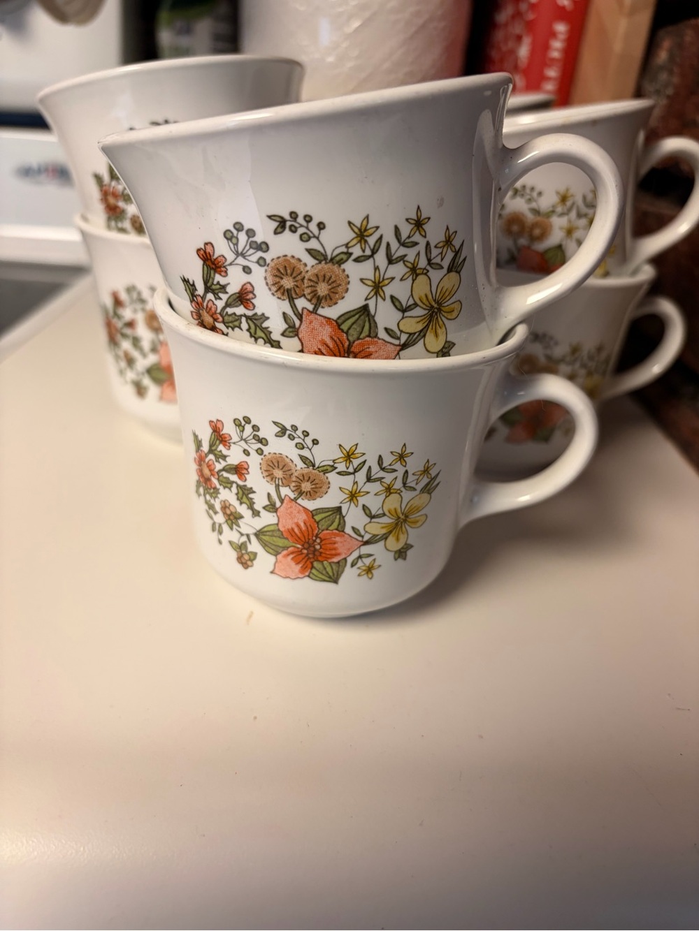 Vintage Corelle Floral White Ceramic Mugs - Set of 4